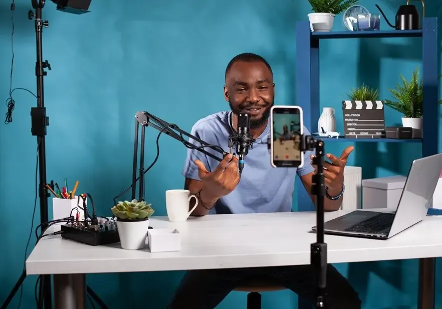 Content creator recording a live podcast session